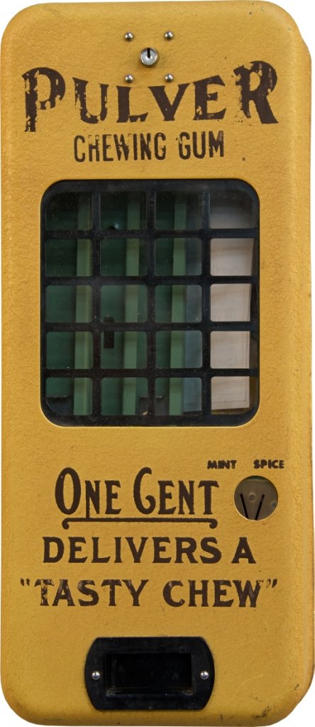 1 Cent Yellow Porcelain Pulver Chewing Gum Clown Wall M: 1 Cent Yellow Porcelain Pulver Chewing Gum Clown Wall Mount Vending Machine, Short Case Model, "One Cent Delivers A Tasty Chew" Mint/Spice w/ key