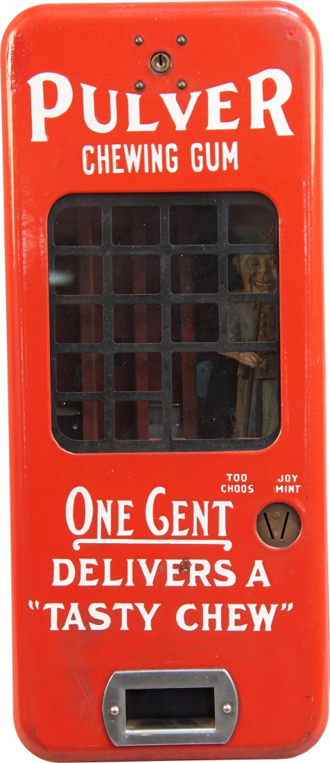 1 Cent Red Porcelain Pulver Chewing Gum Cop Directing T: 1 Cent Red Porcelain Pulver Chewing Gum Cop Directing Traffic Wall Mount Vending Machine, Short Case Model, "One Cent Delivers A Tasty Chew" Too Choos/Joy Mint w/ key