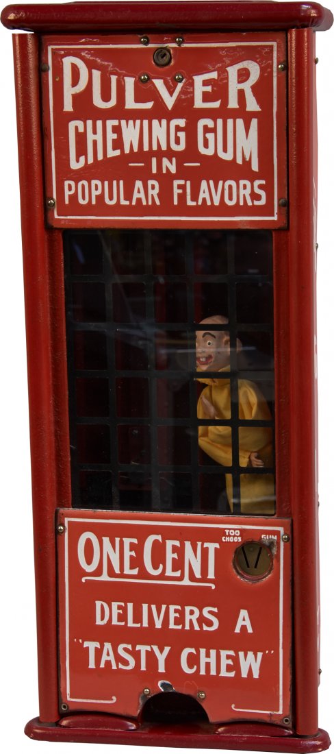 1 Cent Red Porcelain Pulver Chewing Gum Too Choos Yello: 1 Cent Red Porcelain Pulver Chewing Gum Too Choos Yellow Kid Wall Mount Vending Machine, Tall Case Model, "One Cent Delivers A Tasty Chew" Rare c1915 w/ key