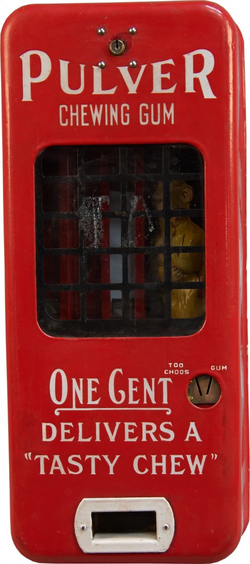 1 Cent Red Porcelain Pulver Chewing Gum Too Choos Yello: 1 Cent Red Porcelain Pulver Chewing Gum Too Choos Yellow Kid Wall Mount Vending Machine, Short Case Model, Nice Condition, "One Cent Delivers A Tasty Chew" w/ keys