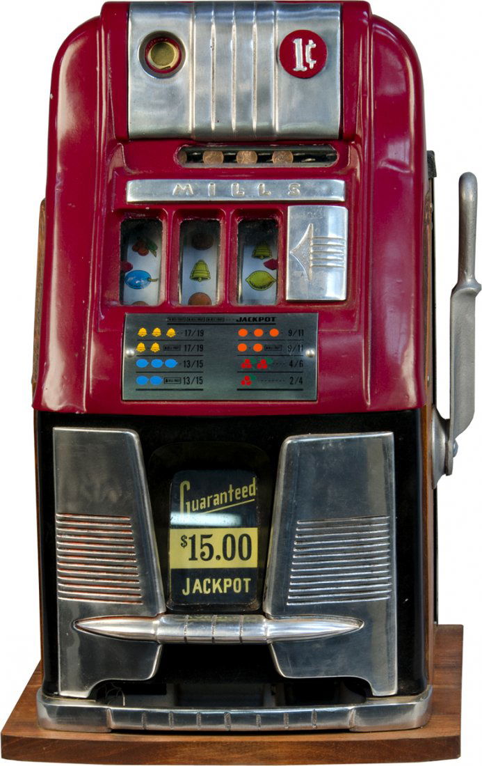 1 Cent Mills Industries Red Hightop Escalator Bell Slot: 1 Cent Mills Industries Red Hightop Escalator Bell Slot Machine w/ Guaranteed Jackpot and 2-5 Payout c1950 w/ keys