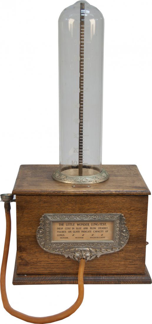 1 Cent Caille "The Little Wonder Lung Test" Countertop: 1 Cent Caille "The Little Wonder Lung Test" Countertop Machine, "Drop Cent in Slot and Blow Steadily - Figures on Glass Indicate Capacity of Lungs" w/ key