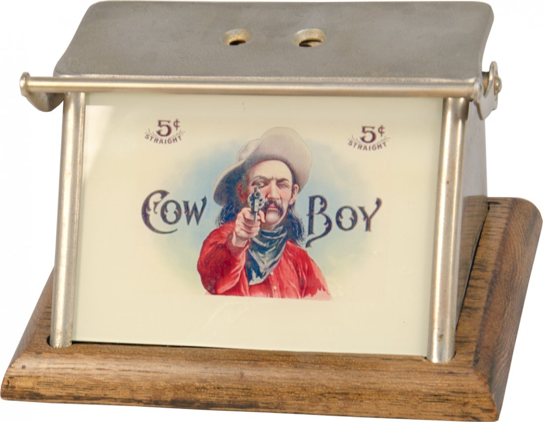 Early Brunhoff Mfg. "Cowboy" Countertop Cigar Cutter On: Early Brunhoff Mfg. "Cowboy" Countertop Cigar Cutter On Wood Base, "5 Cents Straight"