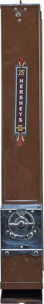 25 Cent Advance Unit-E Hershey's Wall Mount Column Cand: 25 Cent Advance Unit-E Hershey's Wall Mount Column Candy Bar Vending Machine, Pat. 11-2-12 & 4-24-23, Restored w/ cashbox & keys