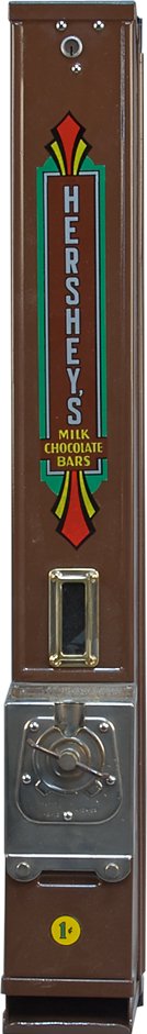 1 Cent Advance Unit-C Hershey's Wall Mount Column Candy: 1 Cent Advance Unit-C Hershey's Wall Mount Column Candy Bar Vending Machine, Pat. 11-5-12 & 4-24-23 w/ "Place 1 Cent In Slot Below, Turn Handle Forward & Backward" plate w/ window w/ cashbox & keys