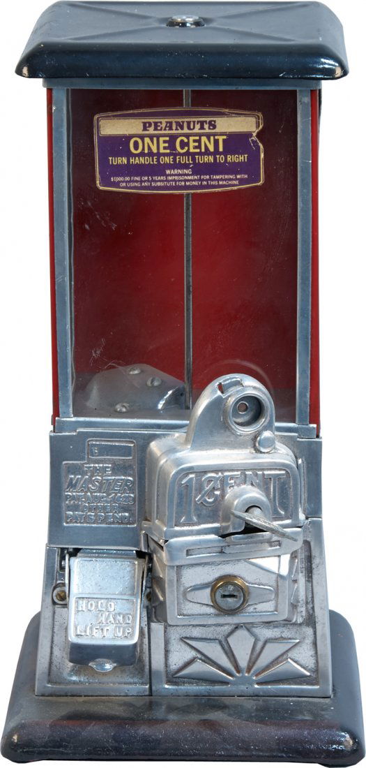 1 Cent Norris MFG. The Master Countertop Vending Machin: 1 Cent Norris MFG. The Master Countertop Vending Machine w/ "Peanuts One Cent" decal, Black top & base w/ red cabinet, Pat. 1923 No. B59980 w/ key