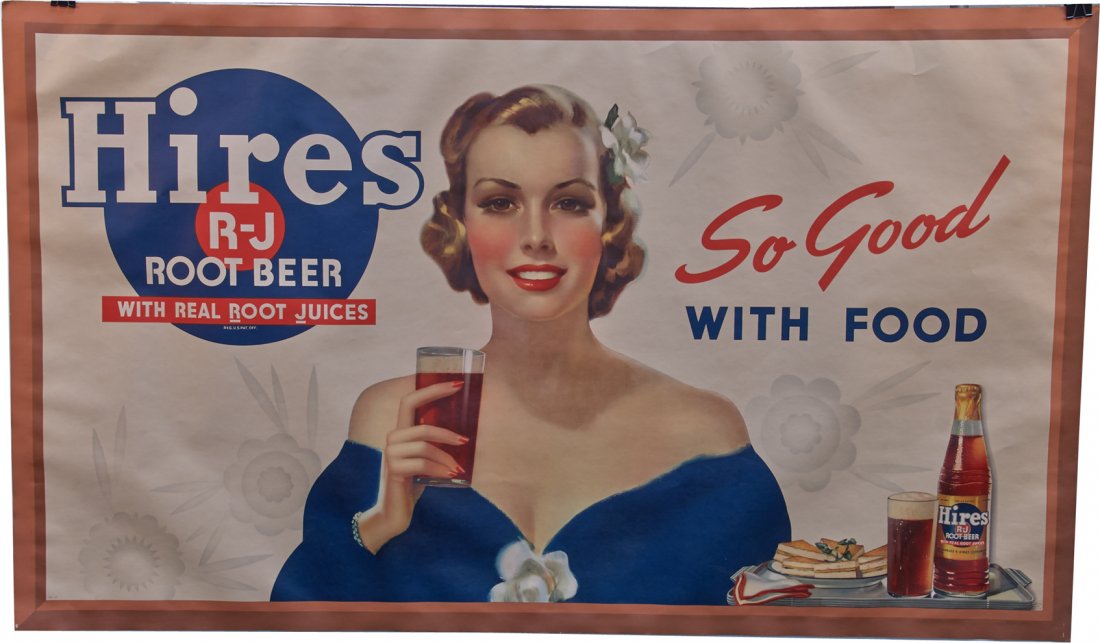 Large Original Hires R-J Root Beer Lithograph Advertise: Large Original Hires R-J Root Beer Lithograph Paper Advertisement Print, "So Good With Food - With Real Root Juices", BF-3 Litho. In U.S.A., Featuring pretty lady, Good condition - 58" x 34"