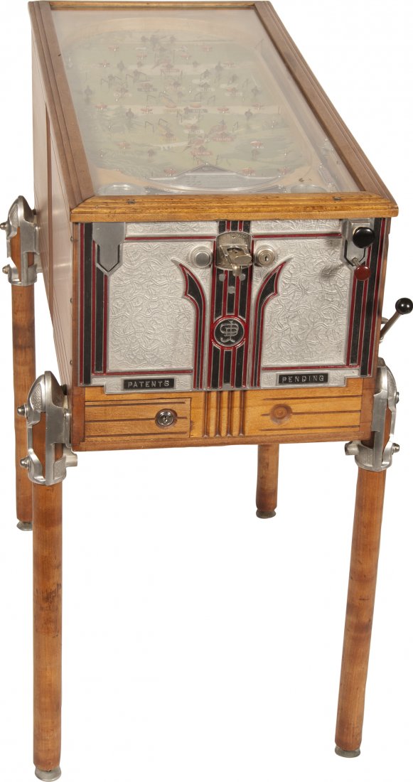 Vintage Jennings Pre-Flipper Sportsman Pinball Machine: Vintage Jennings Pre-Flipper Sportsman Pinball Machine by O.D. Jennings and Co. Chicago, Ill., No. 5458 Hunting theme "A Game of Skill" in wood case w/ ornate metal plating w/ keys