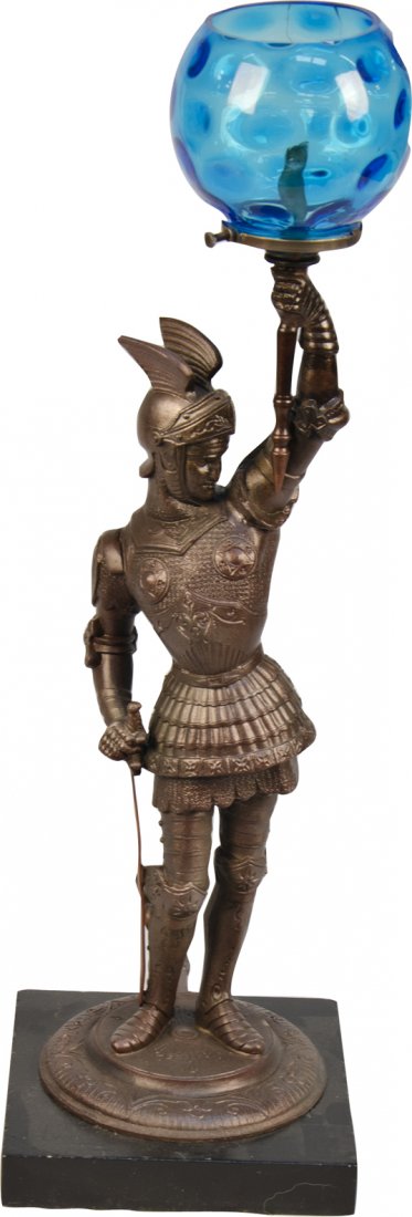 Figural Greek God Mercury Tabletop Cigar Lighter Gas: Figural Greek God Mercury Tabletop Cigar Lighter Gas Lamp w/ Blue Glass Globe Shade on Black Base - 18"h