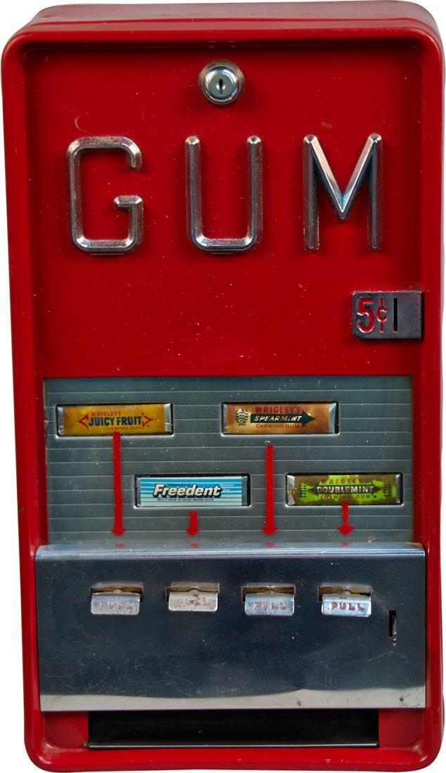5 Cent 4-Selection Red Wall Mount Gum Vending Machine: 5 Cent 4-Selection Red Wall Mount Gum Vending Machine, Embossed chrome "GUM" letters, Good condition w/ selection pulls w/ keys