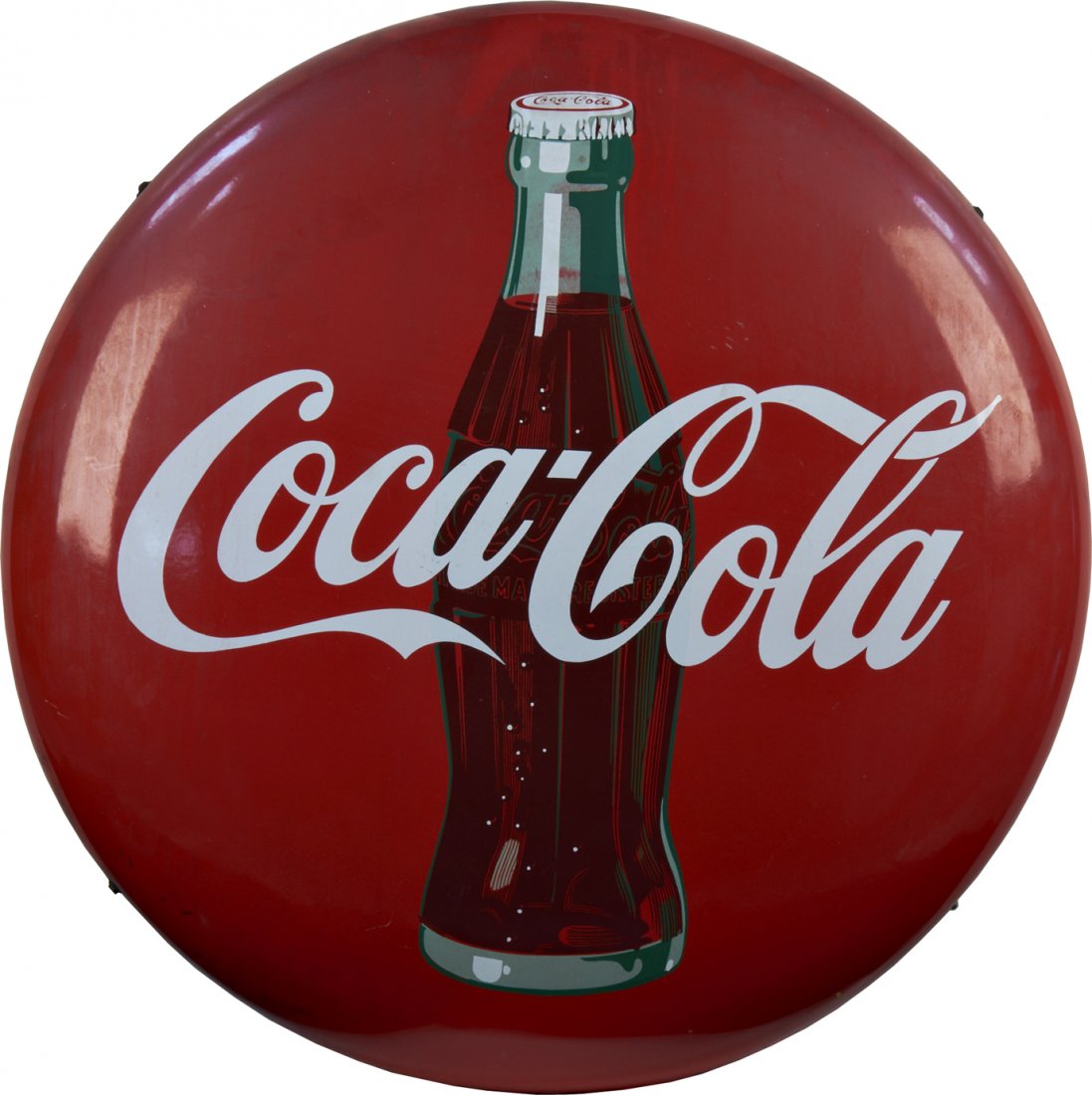 Large Coca Cola Red Porcelain Button Sign: Large Coca Cola Red Porcelain Button Sign w/ bottle picture - 36" diameter