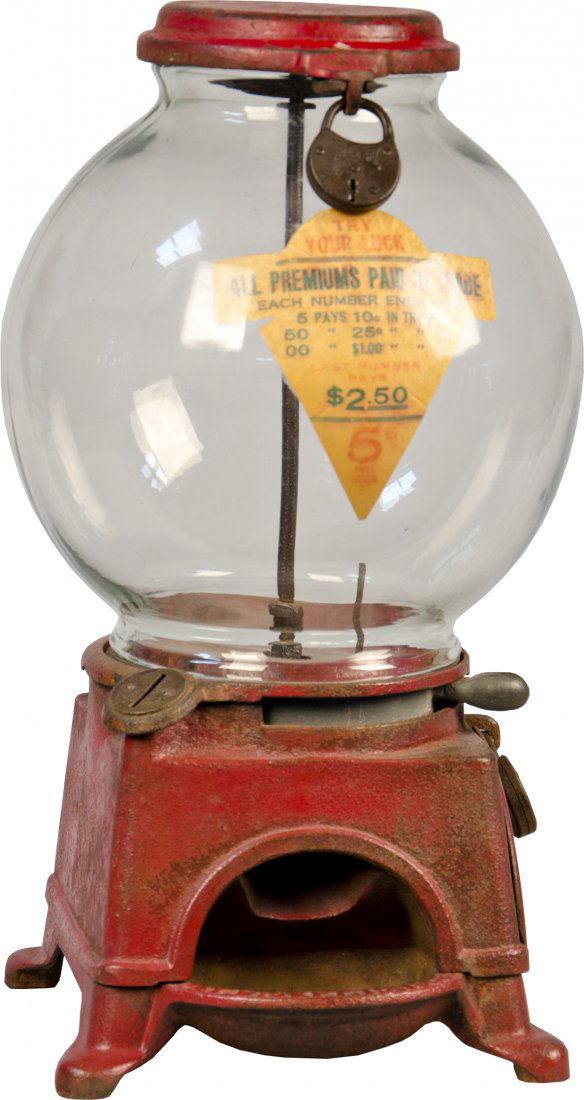 5 Cent Early Red Cast-Iron Adlee Ez Flat Top Countertop: 5 Cent Early Red Cast-Iron Adlee Ez Flat Top Countertop Vending Machine Columbus Vending Company c1908, Rare w/ big side door and mouth, w/ locks & key