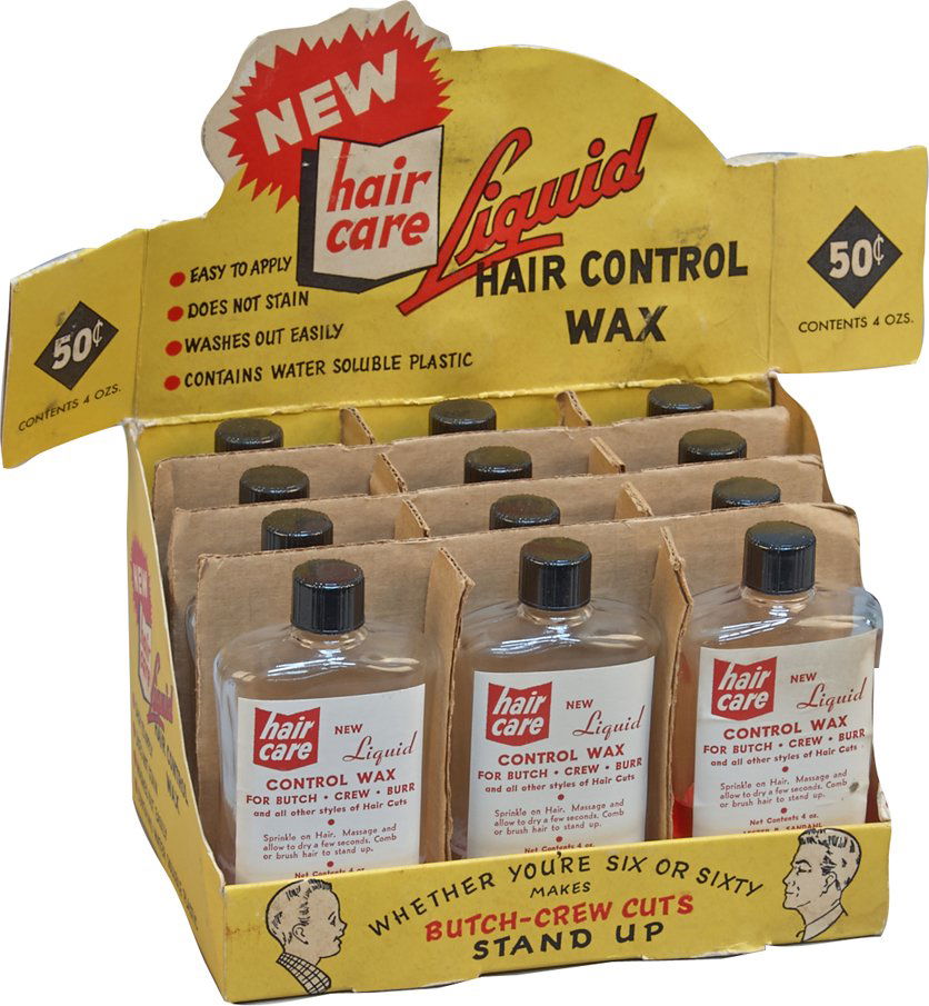 Liquid Hair Control Wax Advertisement Cardboard Counter: Liquid Hair Control Wax Advertisement Cardboard Countertop Store Display w/ Products, "Whether You're Six Or Sixty Makes Butch-Crew Cuts Stand Up" w/ complete case of 12 4 oz. hair care glass bottles