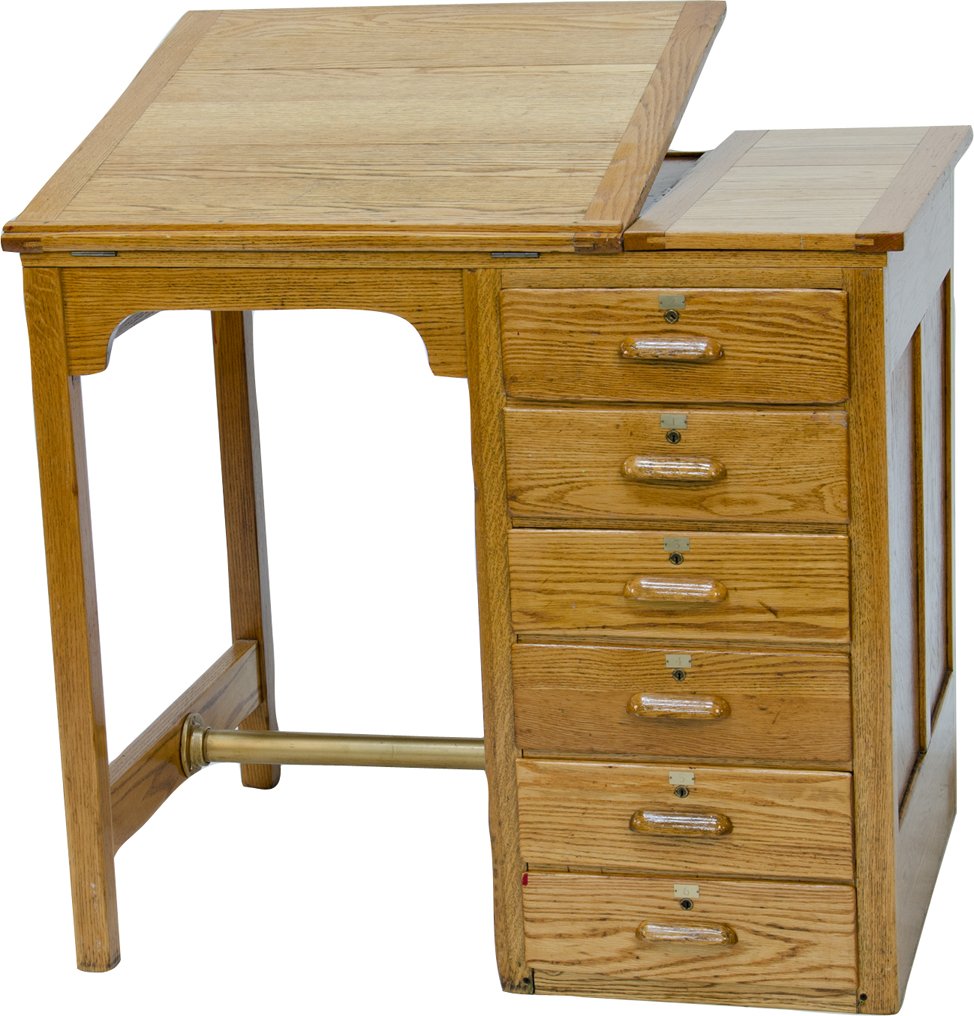 Wooden Drafting Desk w/ 6 Numbered Drawers: Wooden Drafting Desk w/ 6 Numbered Drawers & Brass Pole, Lift-Top, Good condition & very nice looking, Kewaunee Manufacturing Co. - 40"x 28" x 35"h