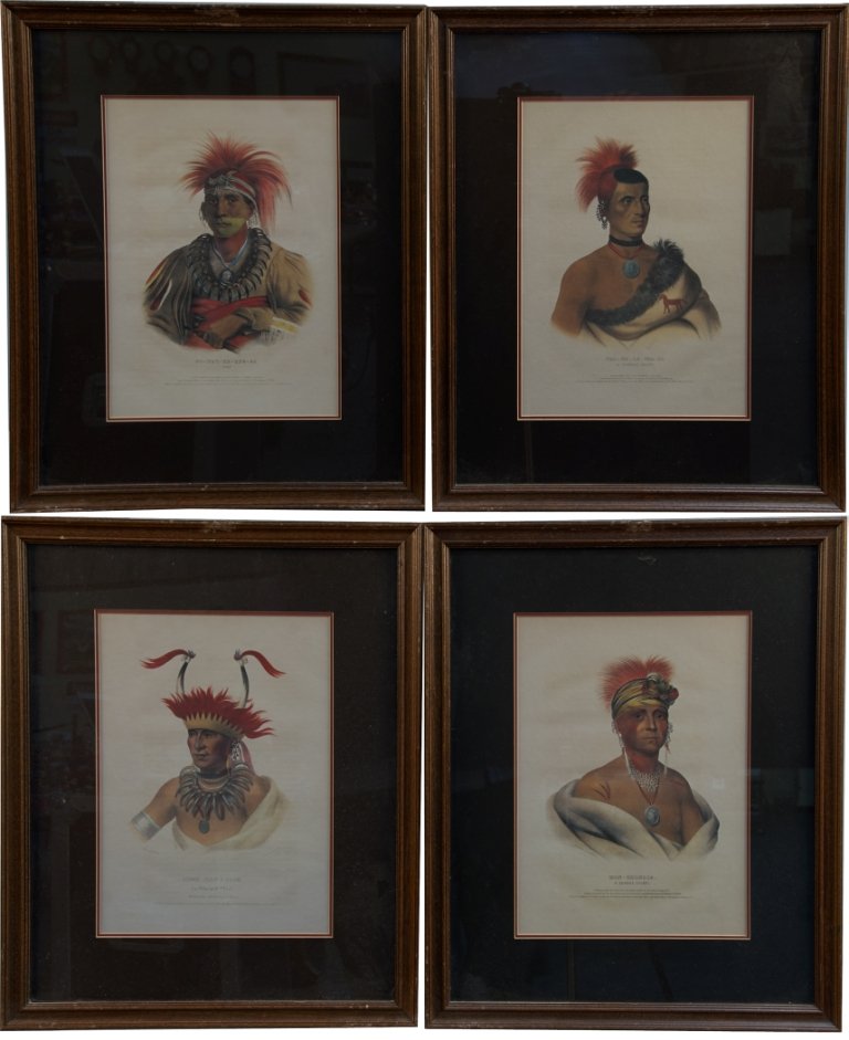 Lot Of 4 Indian Chief Litho. Portraits In Wood Frames: