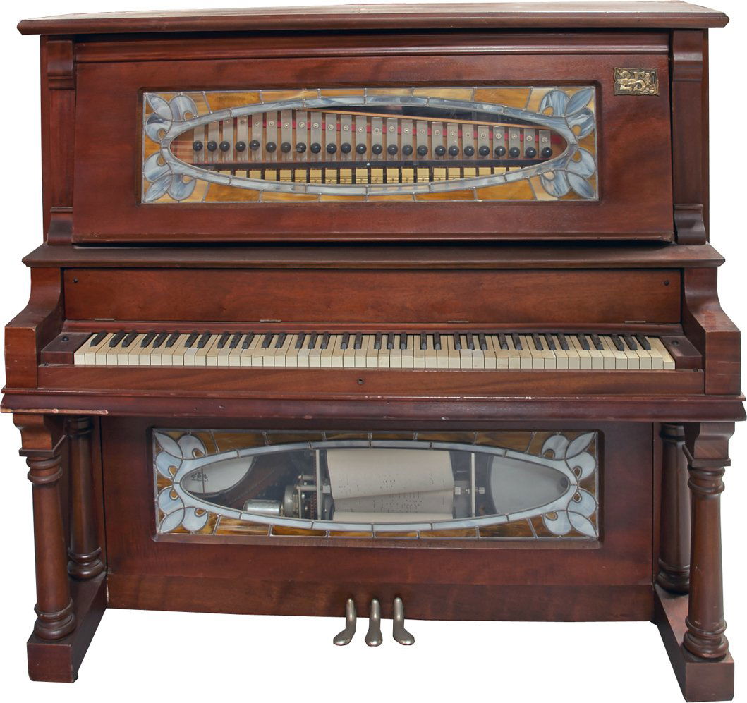 25 Cent Coin-Op Grobman Upright Nickelodeon Player Pian: 25 Cent Coin-Op Grobman Upright Nickelodeon Player Piano w/ Carved Wood Lift-Top Storage Bench, Lights up w/ stained leaded glass by Grobman, Boston