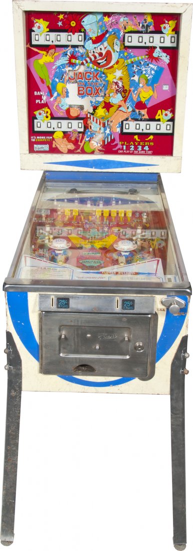 25 Cent D. Gottlieb & Co. "Jack In The Box" Pinball: 25 Cent D. Gottlieb & Co. "Jack In The Box" Pinball Floor Arcade Machine c1973, 4-player, Some peeling of backglass paint, Playing field in good condition