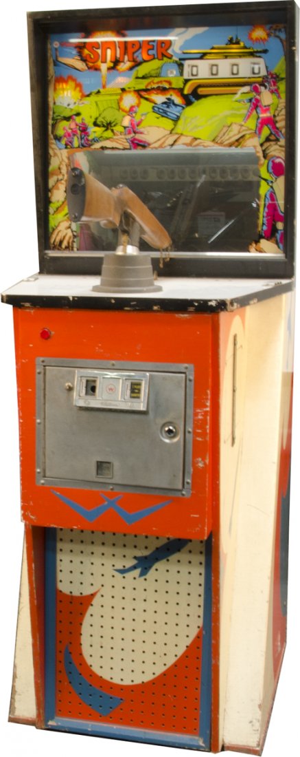 25 Cent Williams "Sniper" Rifle Shooter Arcade Machine: 25 Cent Williams "Sniper" Rifle Shooter Floor Arcade Machine c1970, As found - not working but has schematics, Backglass in great condition, Some wear to wood w/ keys