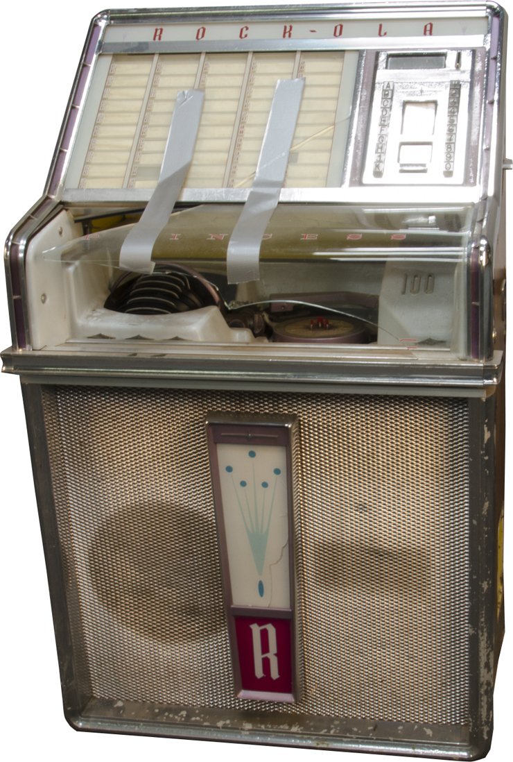 Rock-Ola "Princess" Model 1493 Jukebox: Rock-Ola "Princess" Model 1493 Jukebox c1962, Serial No. 242308, 100-Selection, Loaded w/ some records, Front curved glass is broken, A parts machine