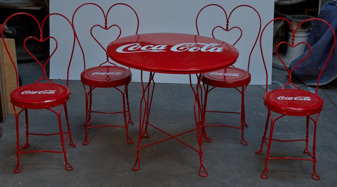 Coca-Cola Complete Ice Cream Parlor Dining Set: Coca-Cola Complete Ice Cream Parlor Dining Set, Includes 1 - Round red Coca-Cola table w/ 4 - Matching heart wire-back chairs, 1 - Red & white "Enjoy Coca-Cola" umbrella w/ floor stand & pole & 1 - "E