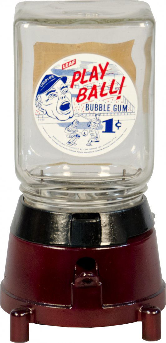 1 Cent Maroon "Play Ball!" Bubble Gum Vending Machine: 1 Cent Maroon "Play Ball!" Bubble Gum Vending Machine, Leaf Brands Inc. decal, Chicago, U.S.A. w/ key