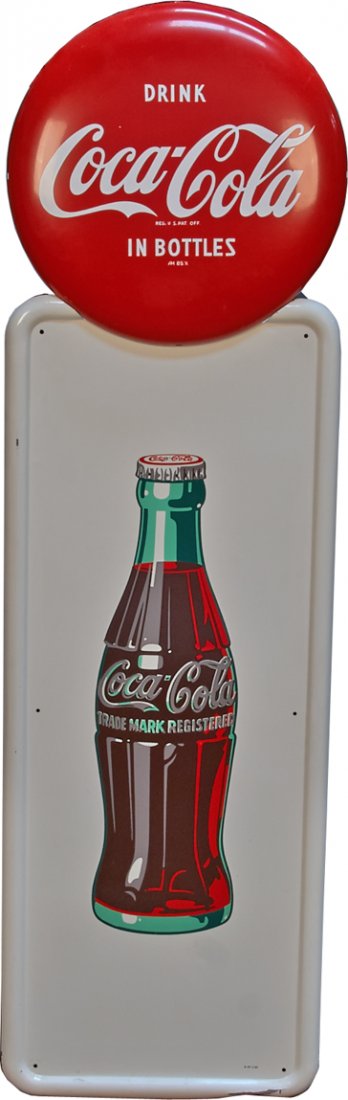 Tin Self-Framed Coca-Cola Bottle Advertisement Sign w/: Tin Self-Framed Coca-Cola Bottle Advertisement Sign w/ Drink Coca-Cola In Bottles Porcelain Button Sign, Button fits on top of the tin sign, Tin sign is marked A-M 3-50, Button sign is marked AM 85X -