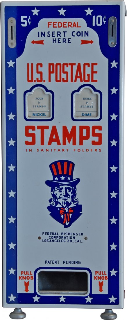 5 & 10 Cent Federal Dispenser Corp. U.S. Postage Stamp: 5 & 10 Cent Federal Dispenser Corp. U.S. Postage Stamp Wall Mount Column Vending Machine, "Uncle Sam" Porcelain front 2-Selection w/ bottom pull-knobs, Great condition c1930s-50s