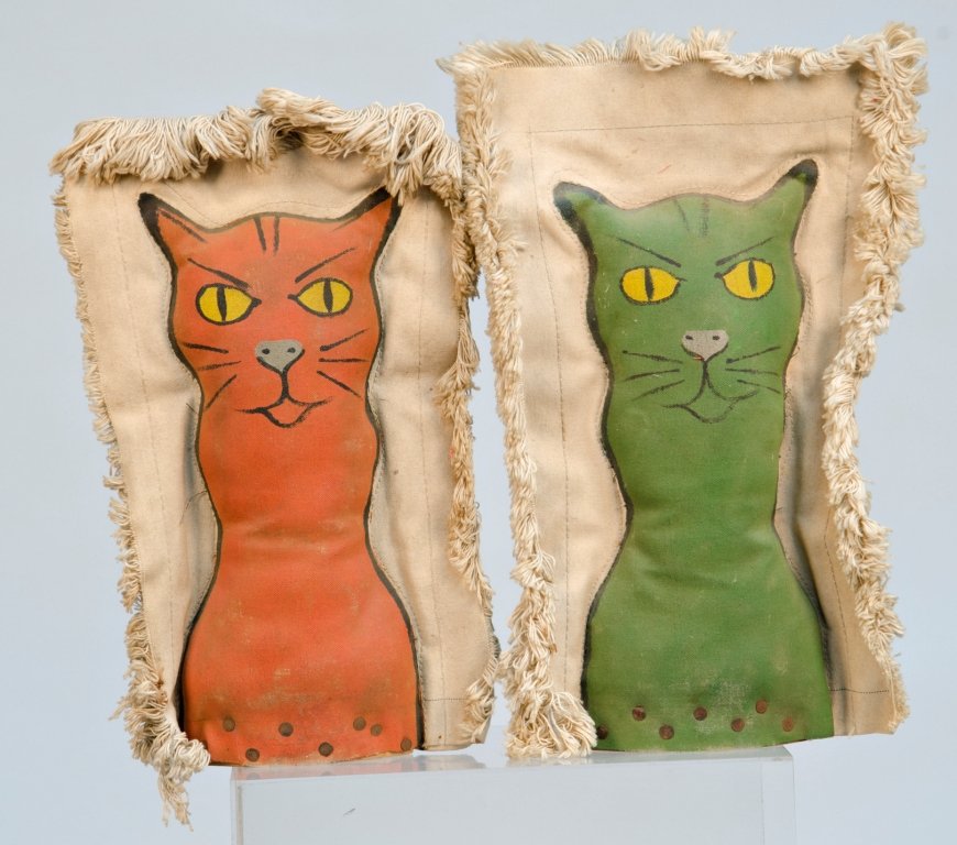 Lot of 2 Painted Cat Stuffed Canvas Carnival Game Knock: Lot of 2 Painted Cat Stuffed Canvas Carnival Game Knock-Down Punks/Dolls, 1 orange and 1 green