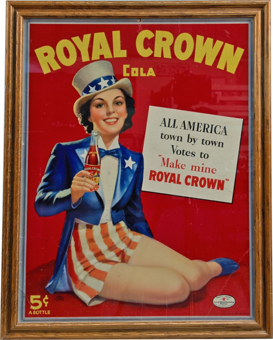 Royal Crown Cola Cardboard Advertisement Sign In Wood F: Royal Crown Cola Cardboard Advertisement Sign In Wood Frame, Featuring patriotic pin-up by Walt Otto, "All America town by town votes to 'Make Mine Royal Crown'", Nehi Corp. No. 4 - 19" x 24"