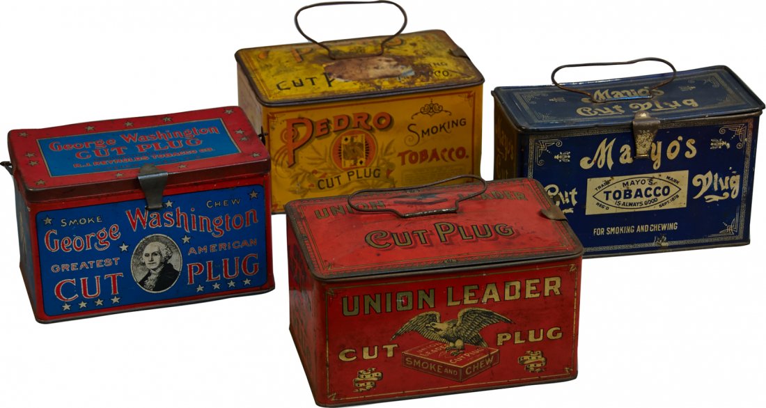 Lot of 4 Cut Plug Tobacco Tins w/ Handles:: Lot of 4 Cut Plug Tobacco Tins w/ Handles: 1 - Mayo's Tobacco Is Always Good by Tindeco - 8" x 3.5" x 5"h, 1 - Pedro Smoking Tobacco, Wm. S. Kimball & Co., The American Tobacco Co. by Tindeco - 8" x 5