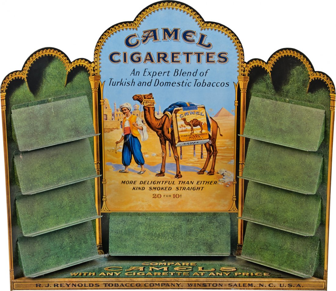 Camel Cigarettes Tin Countertop Double-Sided Display: Camel Cigarettes Tin Countertop Double-Sided Display, "More Delightful Than Either Kind Smoked Straight", 9 display shelves, R.J. Reynolds Tobacco Company, Winston-Salem, N.C. - 20" x 4" x 18"h