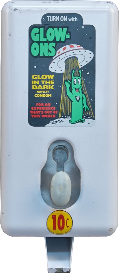 10 Cent Small Wall Mount "Glow-Ons" Condom Vending Mach: 10 Cent Small Wall Mount "Glow-Ons" Condom Vending Machine, "Glow In The Dark Novelty Condom - For An Experience That's Out Of This World", Restored w/ key
