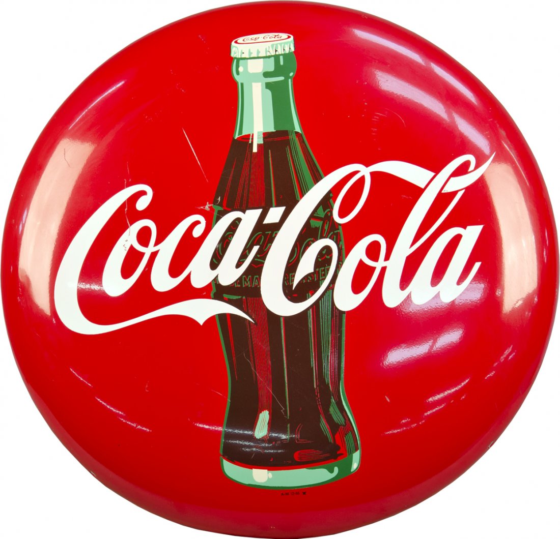 Coca Cola Porcelain Button Sign: Coca Cola Porcelain Button Sign w/ picture of bottle (A-M 12-55) - 24"d
