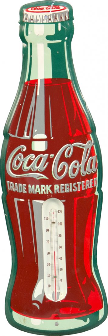 Coca Cola Bottle Shaped Tin Thermometer Sign: Coca Cola Bottle Shaped Tin Thermometer Sign (R-3-53) - 5" x 17"