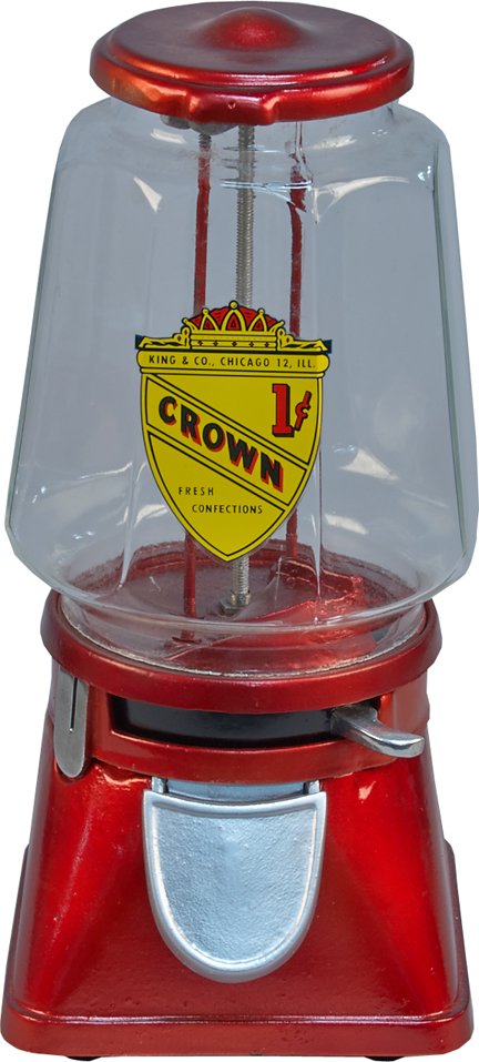 1 Cent Bloyd Lucky Boy Countertop Gumball Vending Machi: 1 Cent Bloyd Lucky Boy Countertop Gumball Vending Machine c1938 w/ King & Co. "Crown - Fresh Confections" decal, 8-sided tapered globe, Restored in red w/ padlock & key