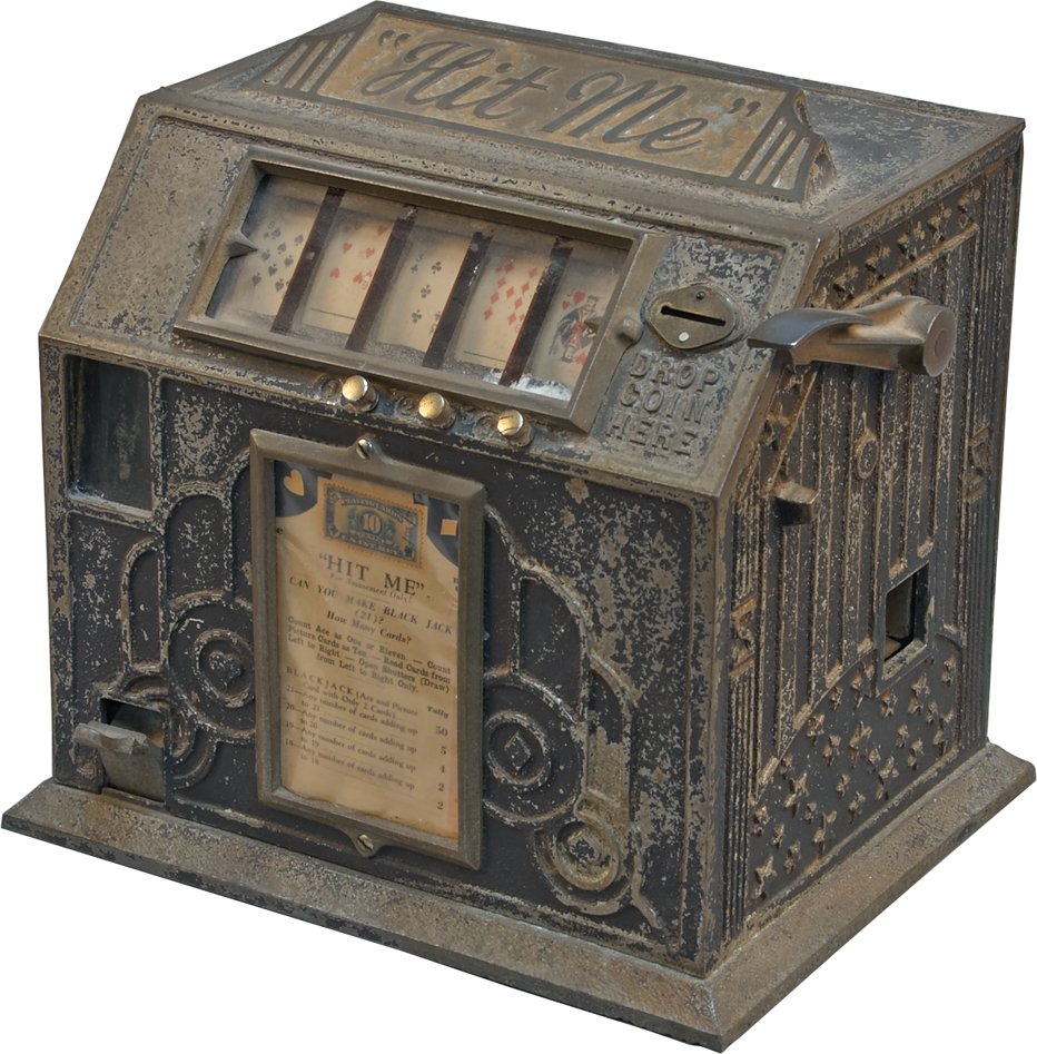 1 Cent Pierce Tool "Hit Me" Countertop 5-Reel Blackjack: 1 Cent Pierce Tool "Hit Me" Countertop 5-Reel Blackjack/Poker Trade Stimulator w/ Gumball Vendor c1934, This machine was so similar to the Groetchen 21 Vender that Pierce was sued and had to stop maki