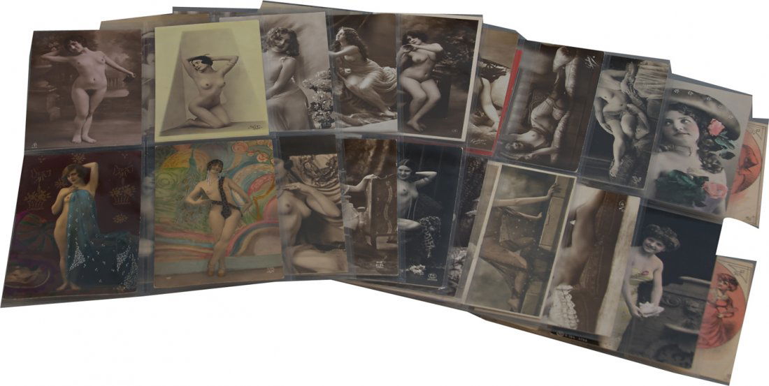 Lot of 40 Vintage Original Real Photo French Risque/Ero: Lot of 40 Vintage Original Real Photo French Risque/Erotic Nudes Post Cards And Cartoon Lady Trading Cards in 3-ring binder w/ plastic protection sleeves, Some rare hand-tinted examples