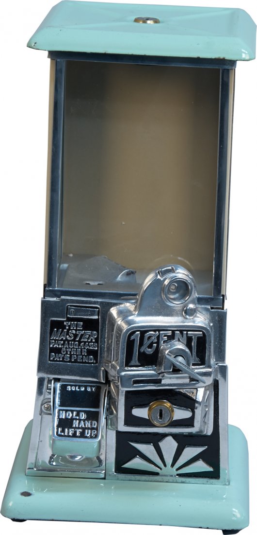 1 Cent Norris MFG. The Master Bulk Vendor Countertop Ve: 1 Cent Norris MFG. The Master Bulk Vendor Countertop Vending Machine, Green porcelain top & base w/ tan cabinet, Pat. 1923 No. B37908, Restored w/ key