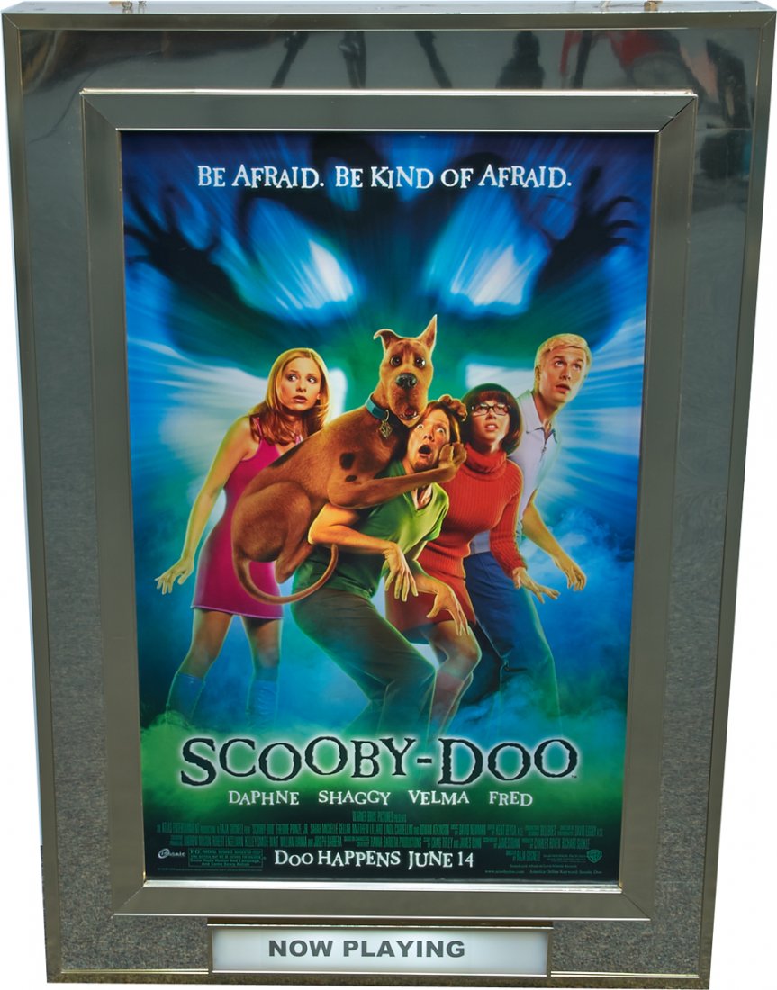 Large Brass Hanging Double-Sided Light-Up Movie Theater: Large Brass Hanging Double-Sided Light-Up Movie Theater "Now Playing" Marquee Sign w/ "Scooby Doo" & "Murder By Numbers" movie posters inside - 35"w x 6"d x 50"h