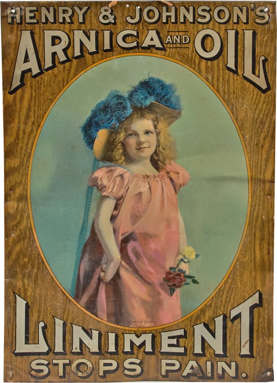 Henry & Johnson's Arnica And Oil Liniment Tin Sign: Henry & Johnson's Aniica And Oil Liniment Tin Advertisement Sign, "Stops Pain" featuring picture of little girl w/ flowers, captioned "A Lady Of Quality", Copyright 1904 No. 115 w/ attached rope for h