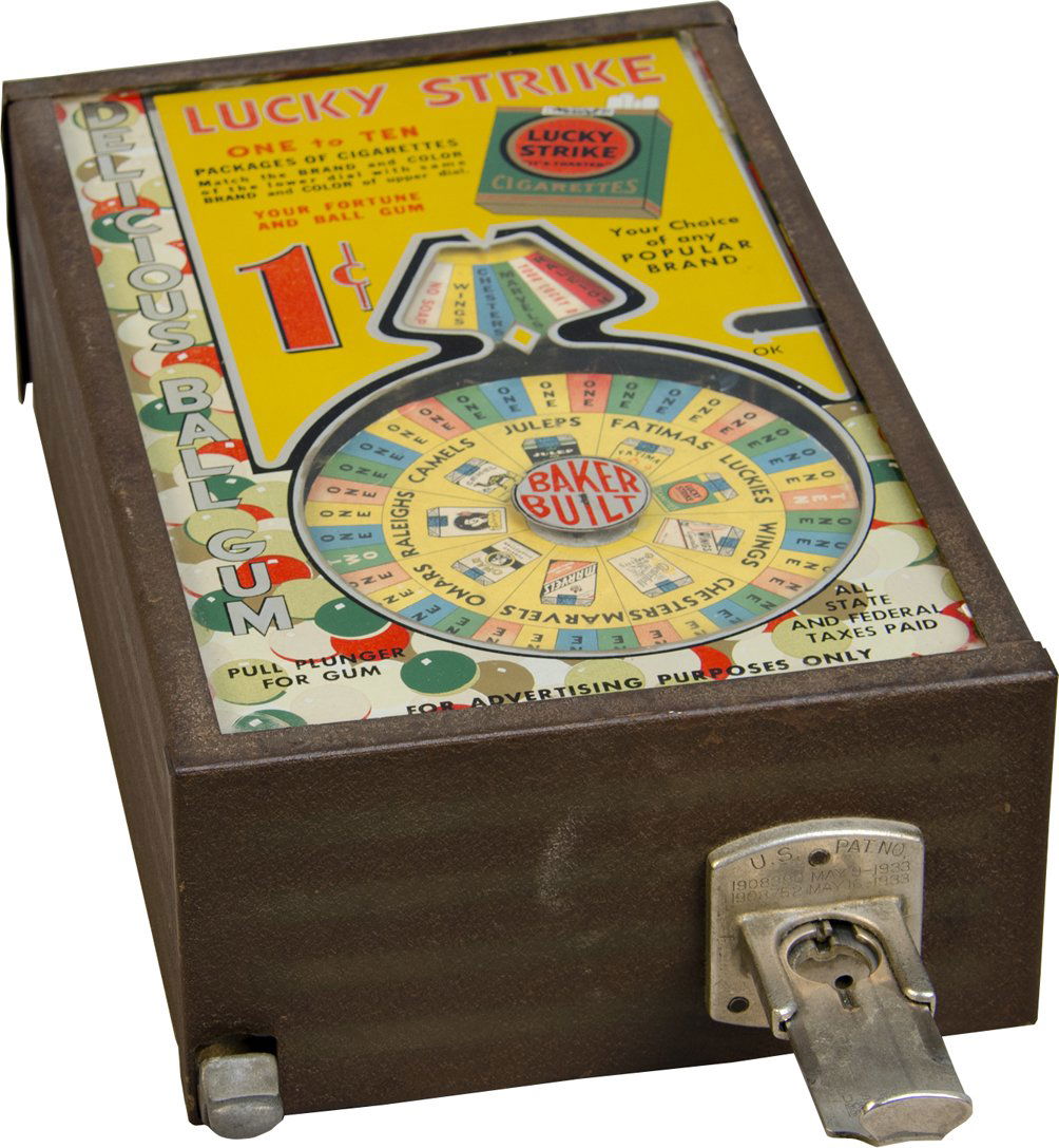 1 Cent Baker Novelty Co. Lucky Strike Cigarette Trade S: 1 Cent Baker Novelty Co. Lucky Strike Cigarette Trade Stimulator w/ Gumball Vendor, "Your Fortune And Ball Gum", Countertop flat top w/ wheel, "Baker Built", Pat. 1933 w/ keys