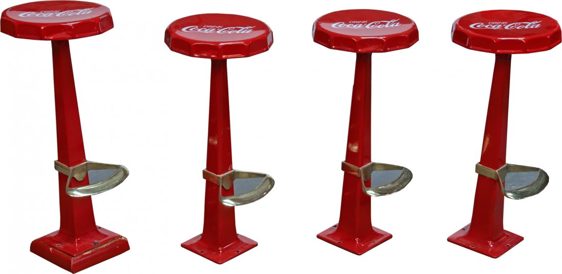 Set Of 4 Drink Coca-Cola Red Bottle Cap Soda Fountain B: Set Of 4 Drink Coca-Cola Red Bottle Cap Soda Fountain Bar Stools w/ Footrests, mounts to bases, 1 has wooden base mounted to it