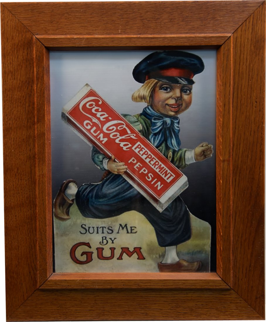 Coca-Cola Pepsin Gum Dutch Boy Advertisment Sign in Oak: Coca-Cola Pepsin Gum Dutch Boy Advertisment Sign in Oak Frame, Contemporary high quality copy on heavy paper stock of the actual die-cut sign that sold for $17,500 in May 2007, "Suits Me By Gum" - 13"