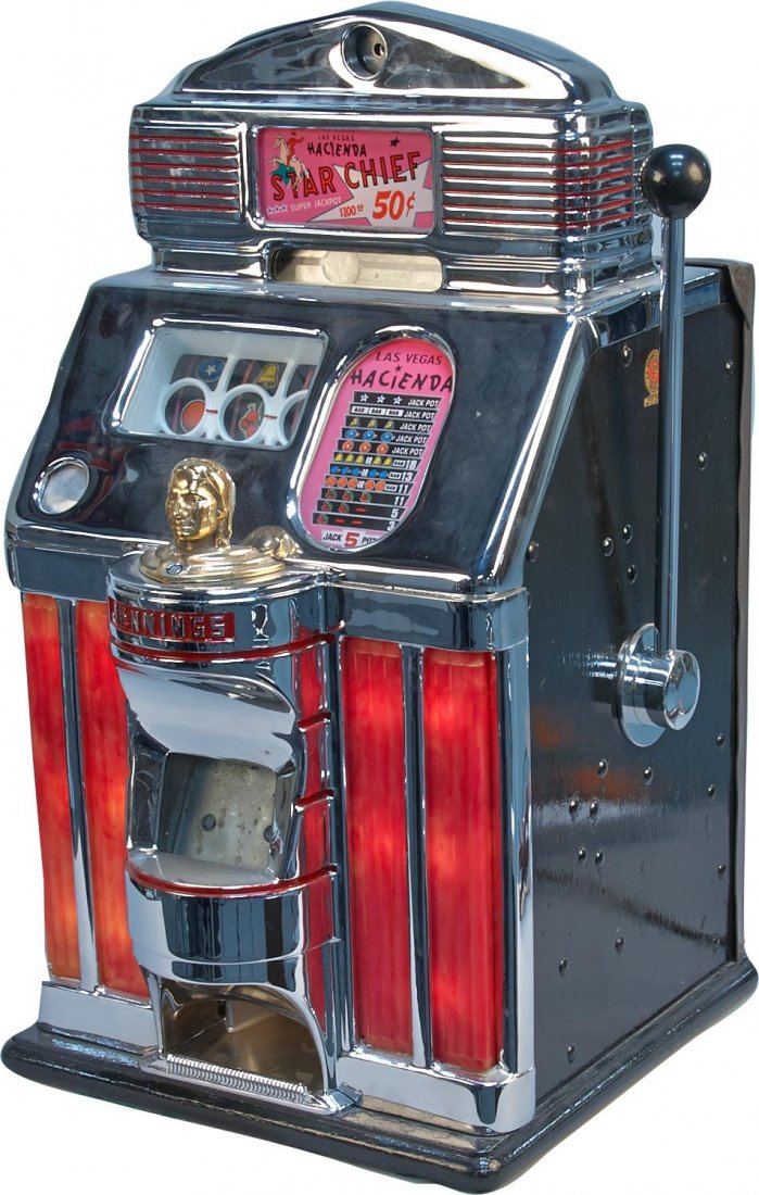 50 Cent O.D. Jennings Hacienda Star Chief Light-Up Slot: 50 Cent O.D. Jennings Hacienda Star Chief Light-Up Slot Machine, Las Vegas Hacienda Casino c1955, New chrome w/ keys