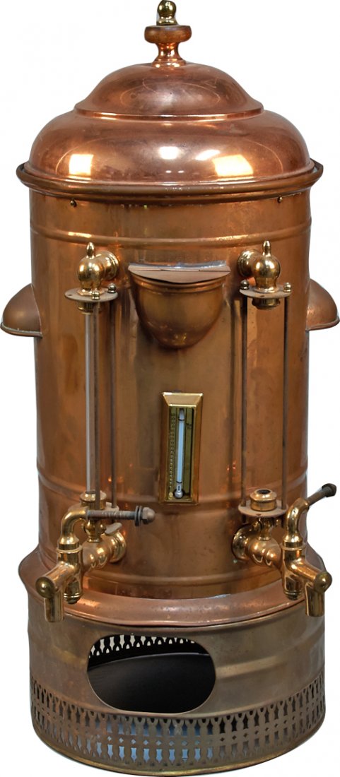 Early Copper & Brass Countertop Hot Beverage Dispenser: Early Copper & Brass Countertop Hot Beverage Dispenser w/ 2 spigots, stoneware inside lining