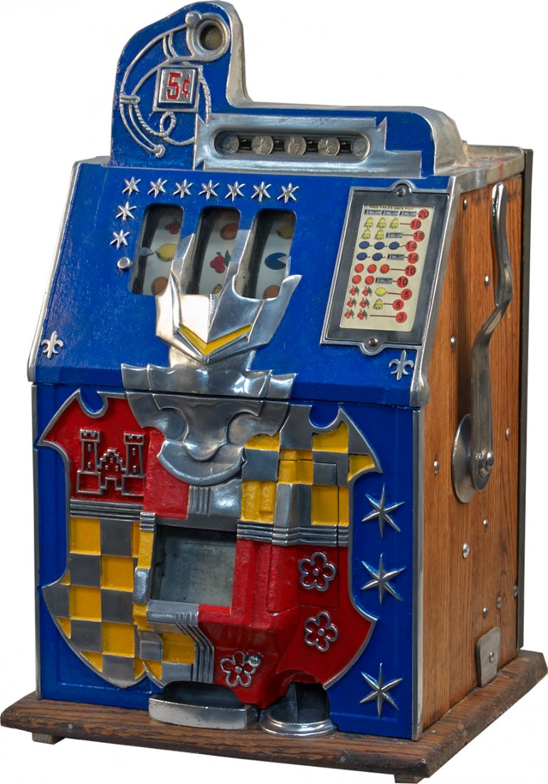5 Cent Mills Novelty Blue Front "Castle Front" Slot Mac: 5 Cent Mills Novelty Blue Front "Castle Front" Slot Machine, Yellow checker pattern c1937 w/ keys