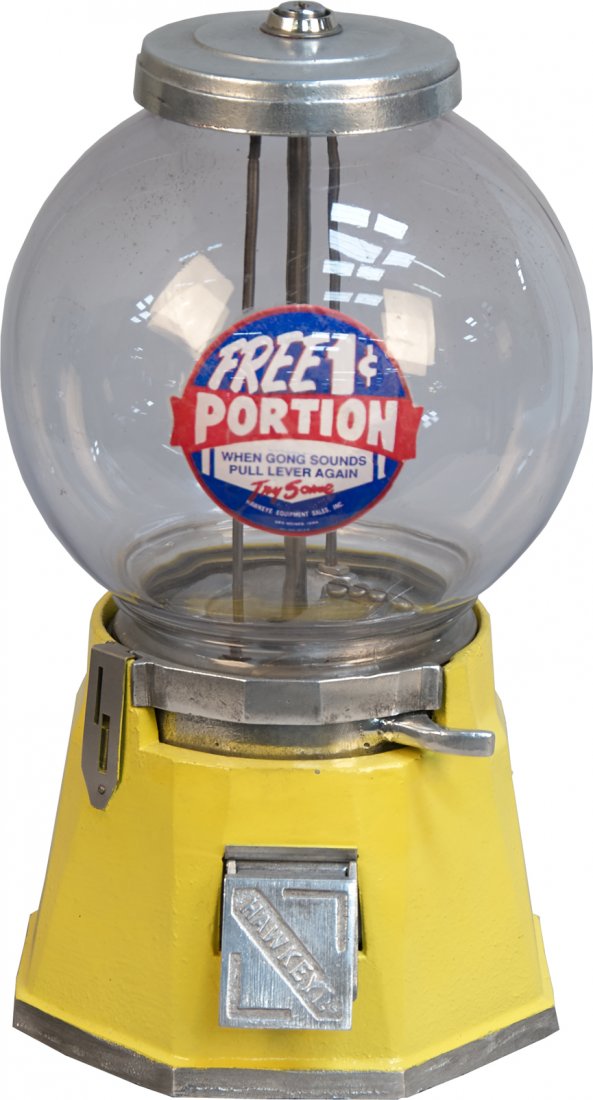 1 Cent Hawkeye Yellow Countertop Gumball Vending Machin: 1 Cent Hawkeye Yellow Countertop Gumball Vending Machine w/ "Free 1 Cent Portion" decal, Has bell that rings after 9th pull to give a free extra pull on the lever c1930s w/ key