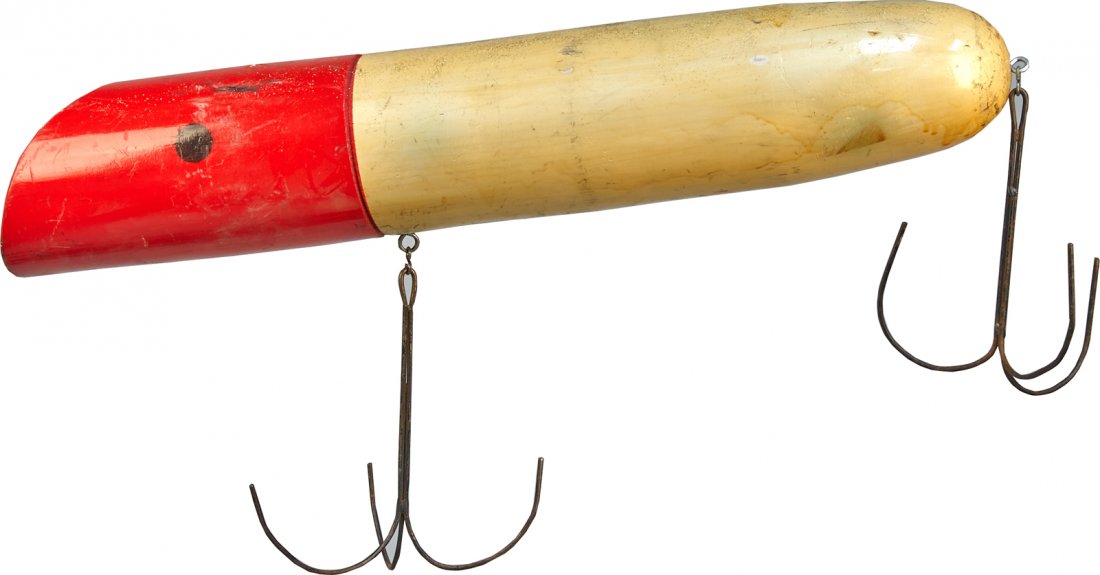 Oversized Wood & Metal Fishing Lure Trade Sign: Oversized Wood & Metal Fishing Lure Trade Sign, Painted w/ glitter detail & hooks - 36" long