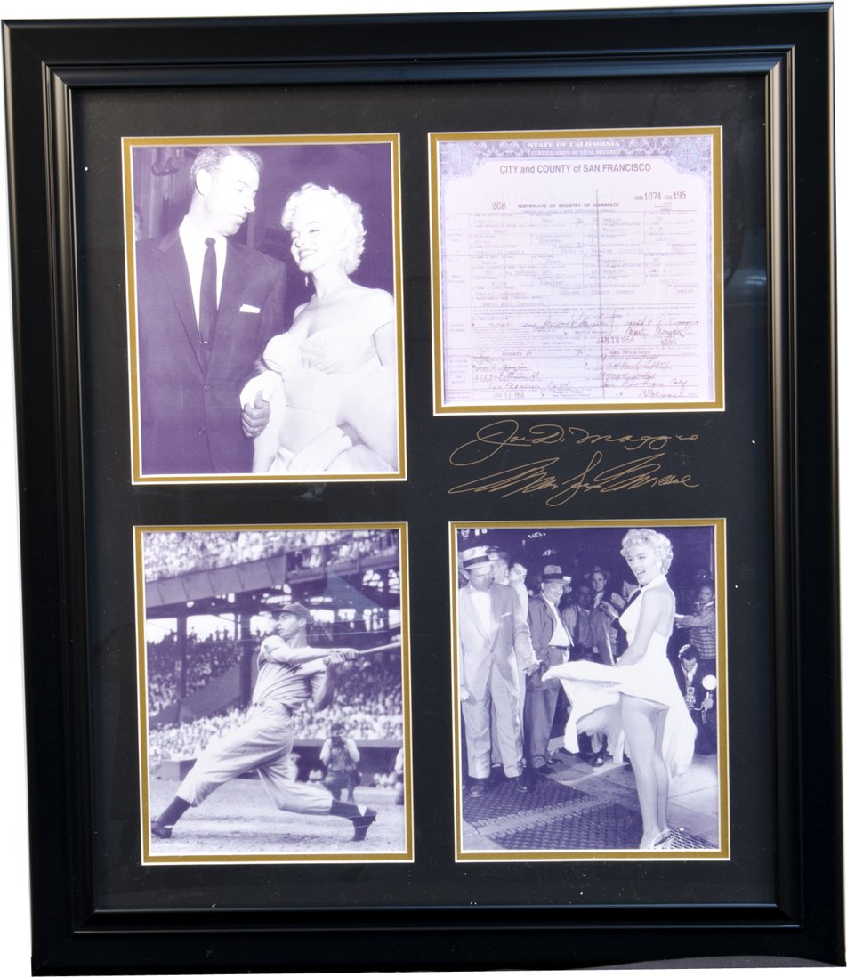 Marilyn Monroe & Joe Dimaggio Black & White Photos,: Marilyn Monroe & Joe Dimaggio Black & White Photos, Copy Of Marriage Certificate & Facsimile Signatures Display Frame - 24" x 28"