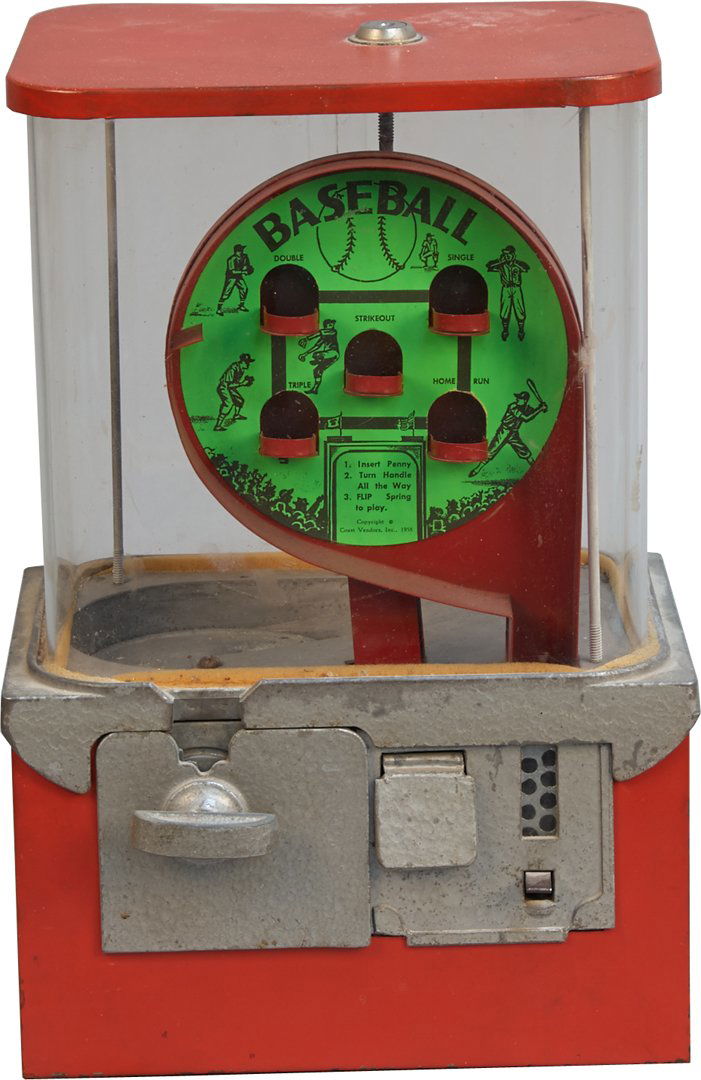 1 Cent Coast Vendors Inc. "Baseball" Multi-Vender Flipb: 1 Cent Coast Vendors Inc. "Baseball" Multi-Vender Flipball Skill Game Countertop Vending Machine c1958, Plastic globe version